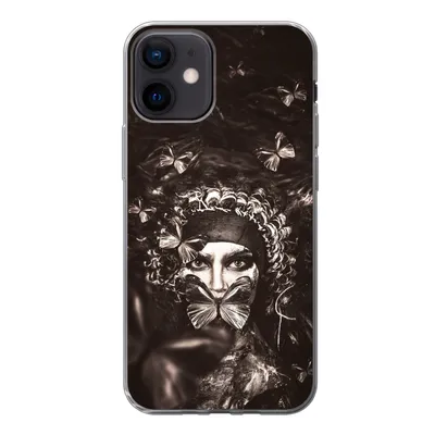 Produktbild von MuchoWow® Handyhülle Schutzhülle Hülle für iPhone 12 Frau - Schmetterling - Schwarz - Weiß Silikon Softcase Handy Hülle - Schutzhülle