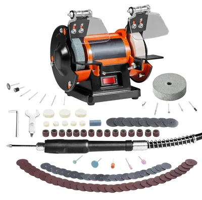 Produktbild von SucceBuy Doppelschleifer Doppelschleifmaschine 3590 U/min 150 mm, 50 W Schleifgerät mit Spritzschutz, inklusive 3 Polierscheiben, Gabelschlüssel und 100 Bohrer