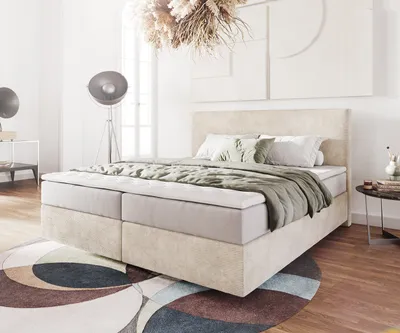 Produktbild von DELIFE Boxspringbett Dream-Well 180x200 cm Cord Beige mit Taschenfederkernmatratze und Topper Visco