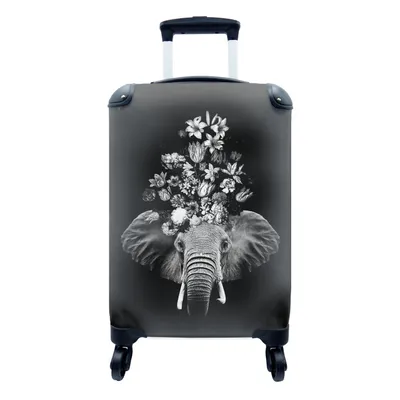 Produktbild von MuchoWow® Koffer Handgepäck Trolley Rollkoffer Kleine Reisekoffer mit 4 Rollen - Elefant mit Blumen vor schwarzem Hintergrund - schwarz und weiß - Cabin Size < 55x40x23 cm & 55x40x20 cm - Fotokoffer - Kabinenkoffer - Boardgepäck - Reise-Box - Reisekoffer - Reisegepäck - Koffer mit Bild - Trolley für Kinder