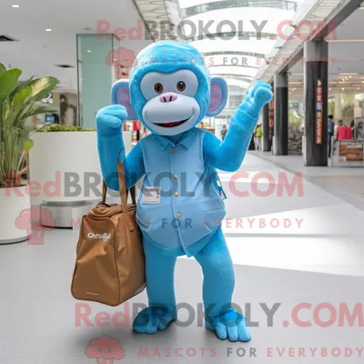 Produktbild von Himmelblauer REDBROKOLY Affe Maskottchen Kostüm Charakter gekleidet mit einer Hose und Tragetaschen