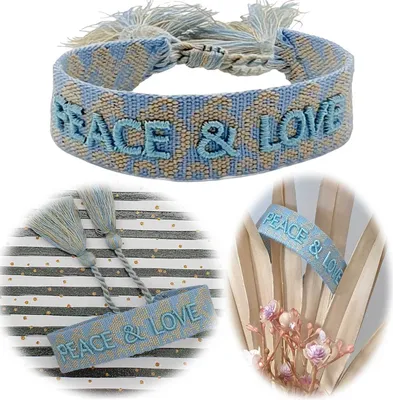 Produktbild von LS-LebenStil Canvas Statement Armband Peace & Love Blau besticktes Stoffarmband gewebt textiles Quasten Spruch Boho Geschenk Freundschaftsarmband