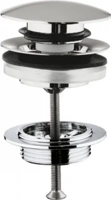 A chrome-plated sink drain assembly with a pop-up stopper and threaded pipe.