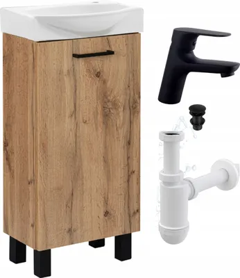 Zdjęcie produktu dla Zestaw Szafka z Umywalką 40 Stojąca Dąb Craft Bateria Sigma Czarna Syfon