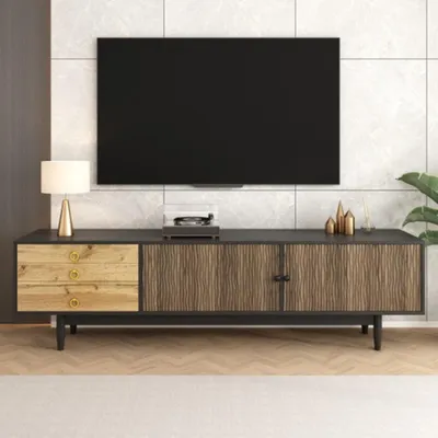 Produktbild von TV-Schrank, Fernsehschrank, lowboard mit Türpaneelen mit Wasserwellenmuster und drei Schubladen