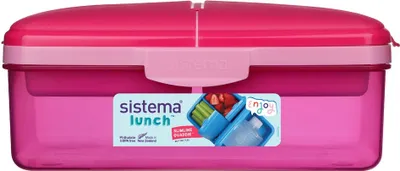 Zdjęcie produktu dla Sistema® Lunch™ Pudełko Quaddie 1,5 l z 3 wyjmowanymi przegrodami w pokrywie i butelką na napoje, różowe
