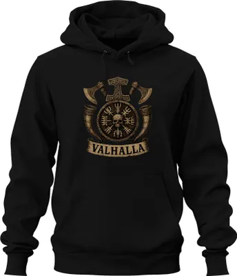 Obrázek produktu pro Viking Valhalla Runes Vegvisir Shield Skull Axes Horns Retro Uni mikina s kapucí, černá, XL