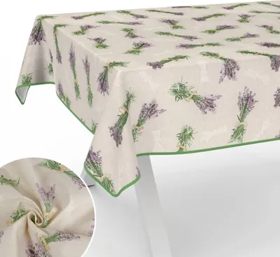 Produktbild von Tischdecke Lavendel mit Blumen Botanik aus Stoff Tischwäsche mit Beschichtung Tischtuch Natur Beige Breite 140cm Länge 140cm mit Paspelband