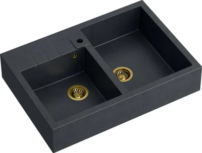 Obrázok produktu pre Drez QUADRON 2-komorový drez | Rozmery: 90 x 62 x 20,5 cm | BILL 120 | Granitový drez GraniteQ so sifónom | Čierna metalíza + zlatá PVD