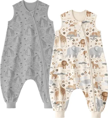 Produktbild von Unnivoll Baby Schlafsack mit Füßen 0,5 Tog Sommer 2er Pack Baumwolle Beinen Babyschlafsack Weich 90 cm für Jungen Mädchen Beige Grau Elefanten