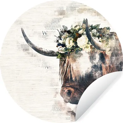Produktbild von MuchoWow® Runde Wandtattoo - Wandsticker Tapete Aufkleber Schottischer Highlander - Schottische Kuh - Blumen Ø 30 cm Selbstklebend und Repositionierbar - Wandaufkleber - Kreis - Wandbild - Fototapete - Selbstklebend - Dekoration - Wandschmuck - Schlafzimmer