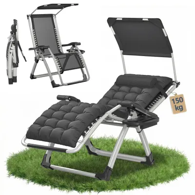 Produktbild von JOIEYOU Relax Liegestuhl klappbar Schwarz, Gesundheitsliege verstellbar 90–170°, Relaxliege mit Kissen, Tasche, Sonnendach, Saunaliege für Outdoor