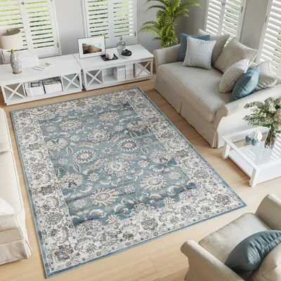Produktbild von Teppich Wohnzimmer Schlafzimmer Kurzflor Design Klassisch Blau Creme 250 x 350 cm