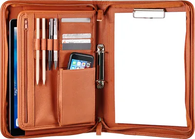 Produktbild von ONVAYA® Konferenzmappe A4 | cognac | Aktenmappe | Businessmappe | Schreibmappe mit Block | strapazierfähiges Kunstleder | Besprechungsmappe | Portfolio Mappe | mit Metallplatte für eine Gravur