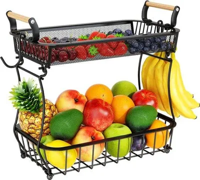 Image de Étagère à fruits noire à deux niveaux avec crochets pour la cuisine, en métal, grande