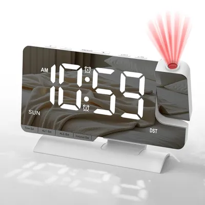Projektionswecker 180° mit USB/Type-C, 7,3" Display, Doppelalarm, weiß