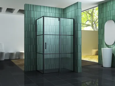 A modern bathroom with a glass shower enclosure, tiled walls, and a sink.