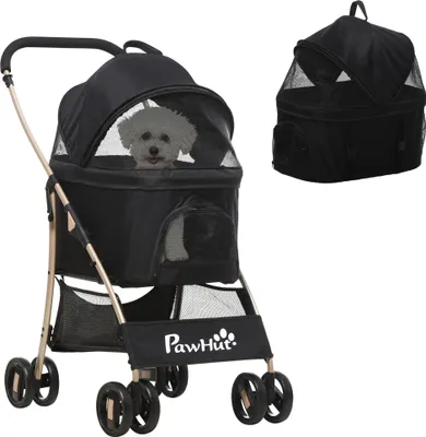 Produktbild von 2-in-1 Hundewagen und Transportkorb bis 10 kg Klappbar Netzfenster Bodenkorb 82 cm x 49,5 cm x 98 cm Schwarz
