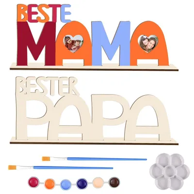 Productafbeelding van Houten letterset "PAPA & MAMA", fotolijst met penselen