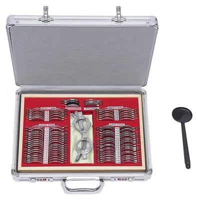 Image de Kit de lentilles d'examen optique - Ensemble de lentilles de test comprenant 104 pièces - Métal et verre - Livré avec une mallette de 38x27x6 cm - Pour tests de la vue, notamment pour la myopie, l'hypermétropie et l'astigmatisme - Qualité supérieure