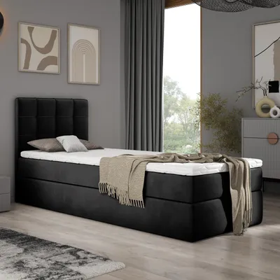 Immagine prodotto di Letto matrimoniale 90x200 Adelle con contenitore, completo di materasso a molle Bonell e topper H3. Set completo, letto imbottito in velluto, colore nero