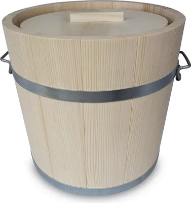 Produktbild von KERAZO 15L Holz Gäreimer mit Pressdeckel, Haltegriffen, Metallumreifung - Holzfass zum Fermentieren von Sauerkraut und Gurke, Weißtanne
