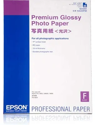 Zdjęcie produktu dla Epson Błyszczący papier fotograficzny Premium A2, 25 arkuszy, 255 g/m2, Premium błysk, 255 g/m², A2, RC/PE, 25 ark., 95%
