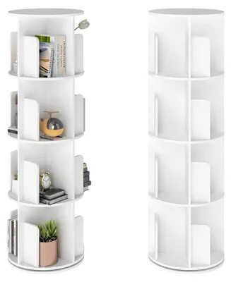 Image de Étagère tournante pour livres, modèle autoportant, 4 niveaux, 16 compartiments, rotation à 360°, couleur blanche, dimensions 44 x 128 cm