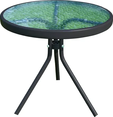 A round glass-top side table with a black metal frame and three legs, set against a white background.