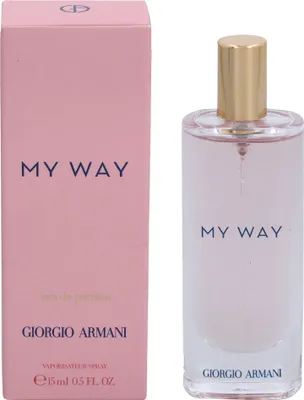 A pink box and a clear glass bottle of Giorgio Armani My Way Eau de Parfum are displayed side-by-side against a white background.