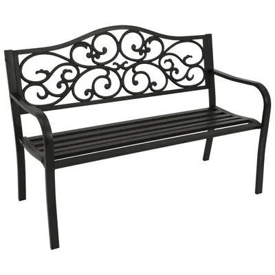 A black metal garden bench with ornate scrollwork on the backrest, shown against a white background.