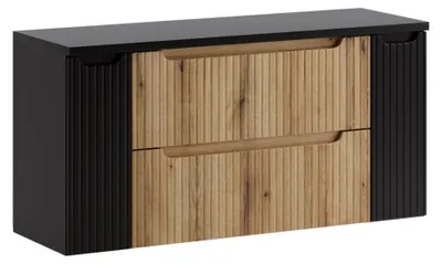 Image de Ensemble de salle de bain suspendu VANO chêne clair et noir 120cm : meubles sous vasque à tiroirs et placards + plan pour vasque