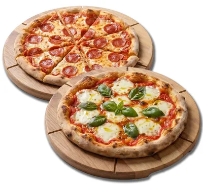 2er-Set runde Holz-Pizzabretter 33 cm mit Griffmulden