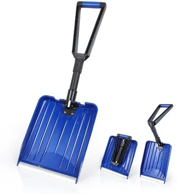 Zdjęcie produktu dla Łopata do śniegu składana Unyqoos®, przenośna – regulowana wysokość od 36 do 80 cm, ergonomiczny uchwyt z PVC, trzon z polipropylenu, krawędź aluminiowa, waga 1,17 kg, zakres temperatur do -25 °C