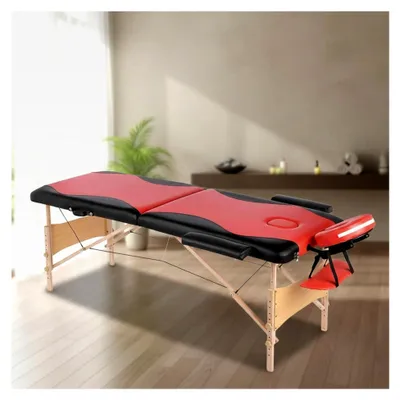 Produktbild von Massageliege 2 Zonen Holz | klappbar und höhenverstellbar | Portable Massagebank mit Zubehör Kopfstütze, Armlehnen und Tragetasche - Rot/Schwarz