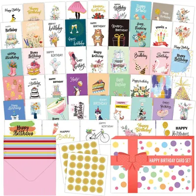 Produktbild von 100-teiliges Geburtstagskarten Set mit Umschlägen & Aufklebern, 50 einzigartige Designs, Zoll für Frauen, Kinder, Familie, Freunde & Kollegen