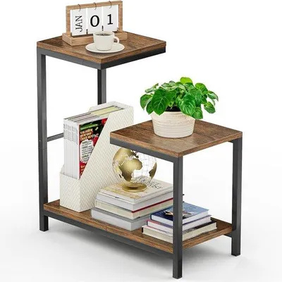 Zdjęcie produktu dla Ibenzoa® Stolik pomocniczy (3 półki) – kształt litery G, metalowa konstrukcja i drewniane półki, wymiary 66 x 30 x 63 cm, maksymalne obciążenie 35 kg, styl retro, idealny do salonu, sypialni i biura