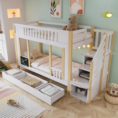 Produktbild von Etagenbett mit 2 Liegeflächen, Schubladen und Rausfallschutz, 90x200cm, Kinderbett, Treppe mit Stauraum, Kiefer