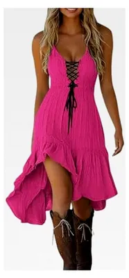 Produktbild von Damen Boho Kleid im Vintage-Rustikalen Stil ärmellos mit V-Ausschnitt Blumenkleid Sommer Strandkleid Maxikleid Mittelalter Kleid mit Schnürung asymmetrischem Saum Partykleid