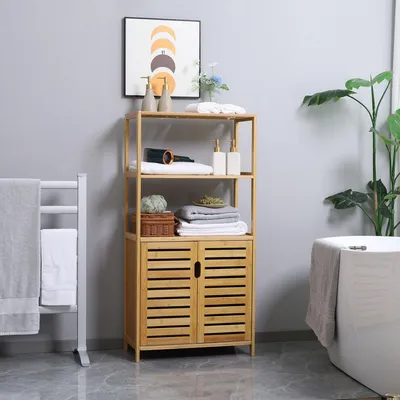 Image de Armoire de salle de bain - Meuble de salle de bain - Armoire de rangement - Armoire colonne - Armoire en bois de bambou - Portes à lamelles ventilées