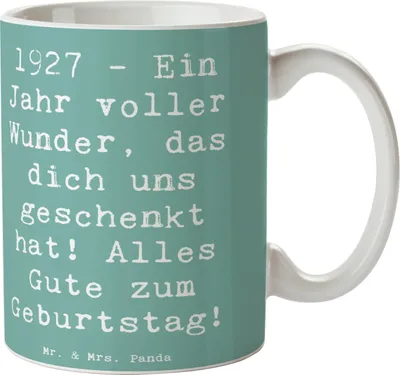 Produktbild von Mr. & Mrs. Panda Tasse Spruch 1927 Geburtstag - Meeresbrise - Geschenk, Geburtstagsgeschenk, Jahrgangsfeier, Alter, Geschenkidee, Erinnerungsgeschenk, Kaffeetasse