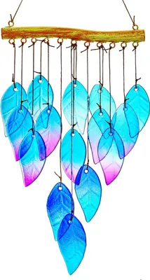 Produktbild von Windgong aus gebrandschildertem Glas mit Blättern - Handgemachte Tuindekoration für innen und außen - 318 cm lang - Hängend für Fenster, Terrasse und Garten