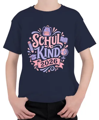 Productafbeelding van T-shirt voor basisschoolkind, meisjes, voor de eerste schooldag in 2026, marineblauw, maat 104