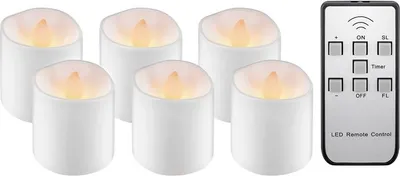 A set of six white LED tea lights and a remote control are displayed on a white background.