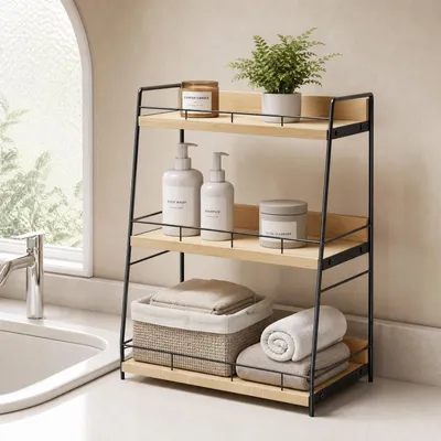 Produktbild von Badregal Badezimmerregal mit 3 Ablagen, Standregal Holz Kohlenstoffstahl, Leiter-Design, freistehend, Natur