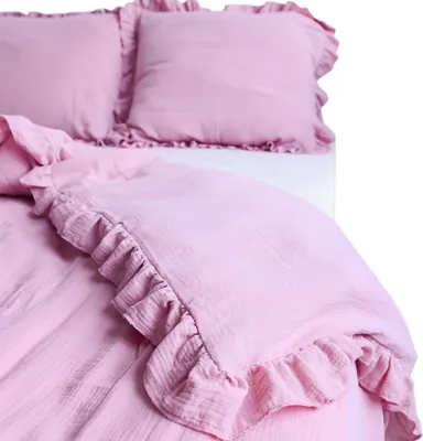 Immagine prodotto di Set di biancheria da letto in mussola 220x200 cm + 2 federe 70x80 cm con volant - Set da camera da letto con copripiumino Boho rosa