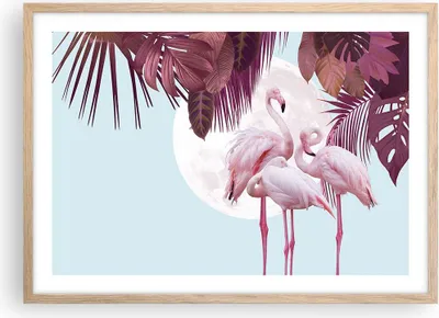 Produktbild von Gerahmtes Poster - Rahmen in heller Eiche - Flamingos Palmen Mond - 70x50 cm - Wand Bild - Wanddeko - Wandbilder - Kunstposter - Wandposter - Bilderrahmen - Bilder - Kunstdruck - P2NAA70x50-4598