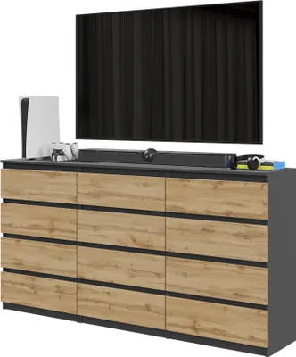 Obrázok produktu pre FURNICA - GABRIEL - Komoda s 12 zásuvkami (8+4) - antracitovo sivá / dub Wotan V92cm B180cm D33cm