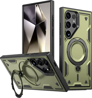 Produktbild von Dual Layer Hülle für Samsung Galaxy S25 Ultra Metall Ring Ständer Magnetisch Stoßfest Militär Handyhülle Grün