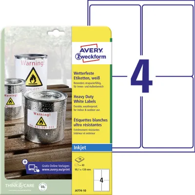 Produktbild von Avery Zweckform J4774-10 Wetterfeste Folien-Etiketten, 99,1 x 139 mm, 10 Bogen/40 Etiketten, weiß